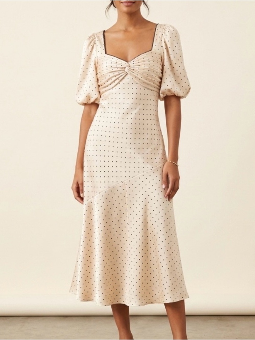 ML Monique Lhuillier Ivory Polka Dot Twisted Front Puff Sleeve Midi Dress Sz 6